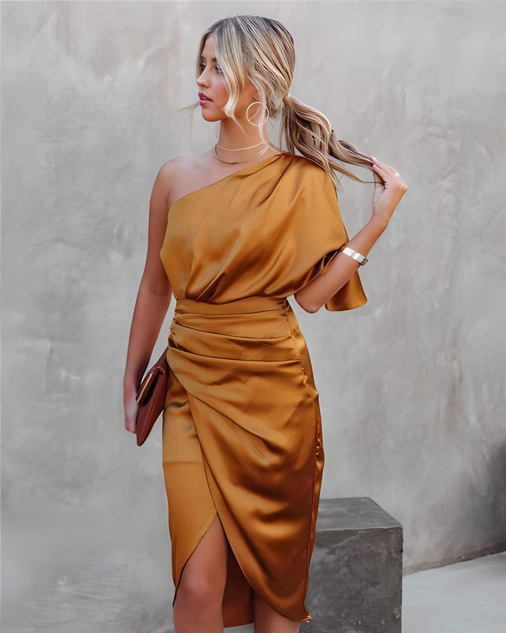 Women's Elegant Satin One Shoulder Dress | Draped Slit Midi