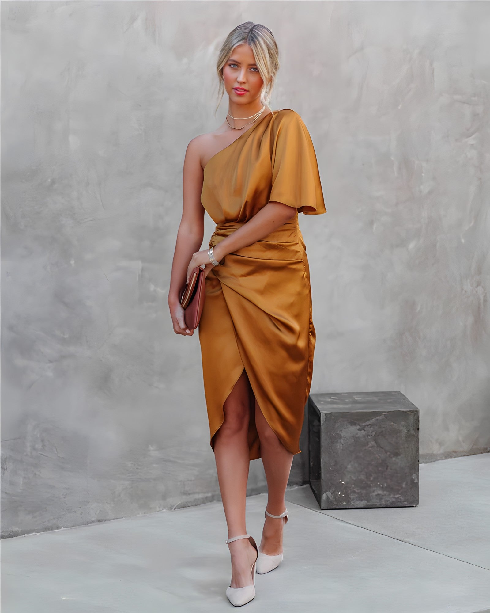 Women's Elegant Satin One Shoulder Dress | Draped Slit Midi