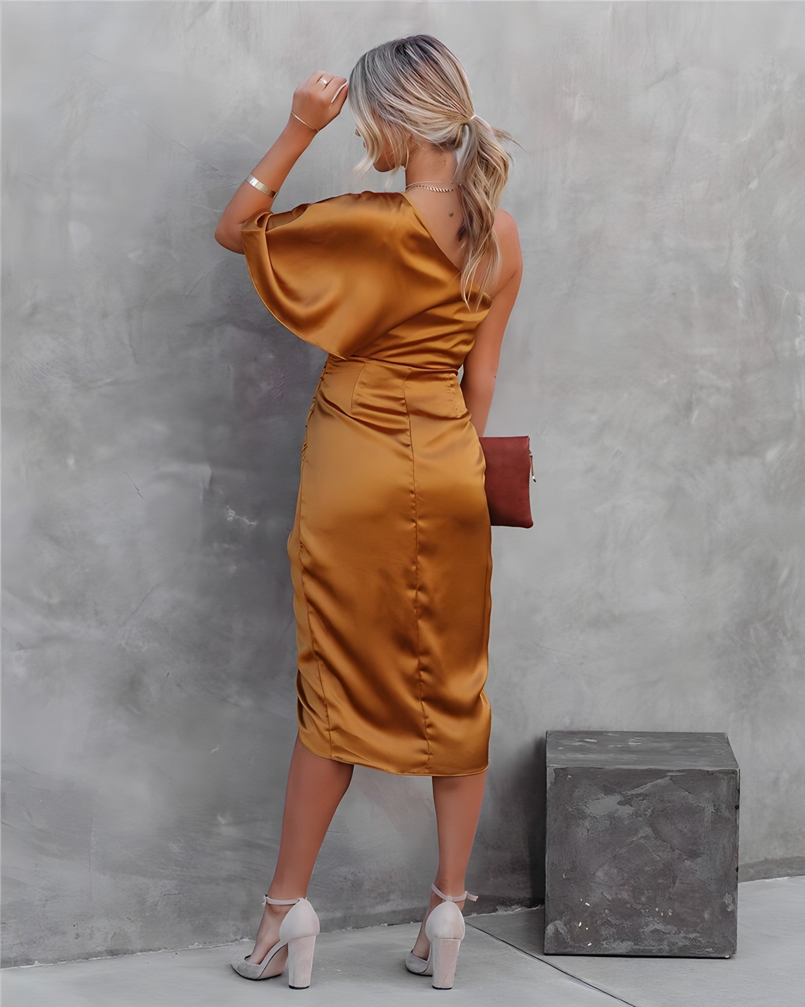 Women's Elegant Satin One Shoulder Dress | Draped Slit Midi