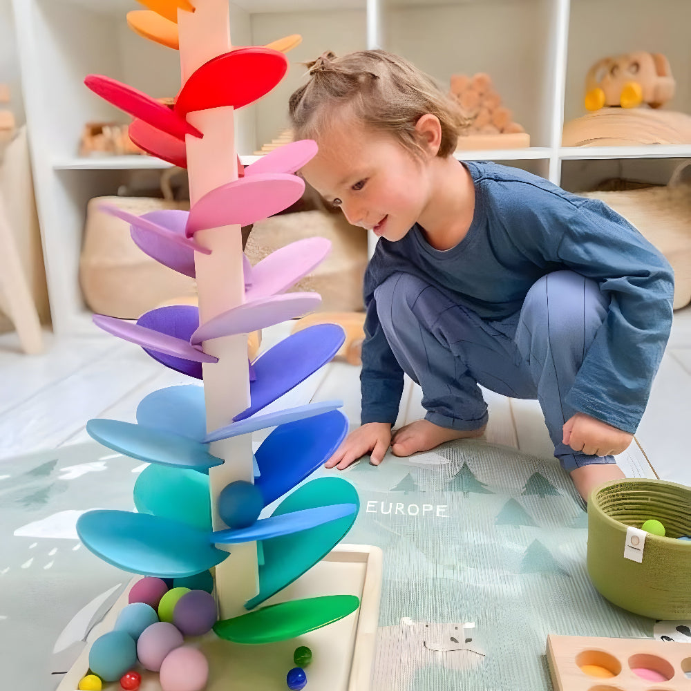 Wooden Marble Run Toy Montessori Rainbow Ball Drop Tower