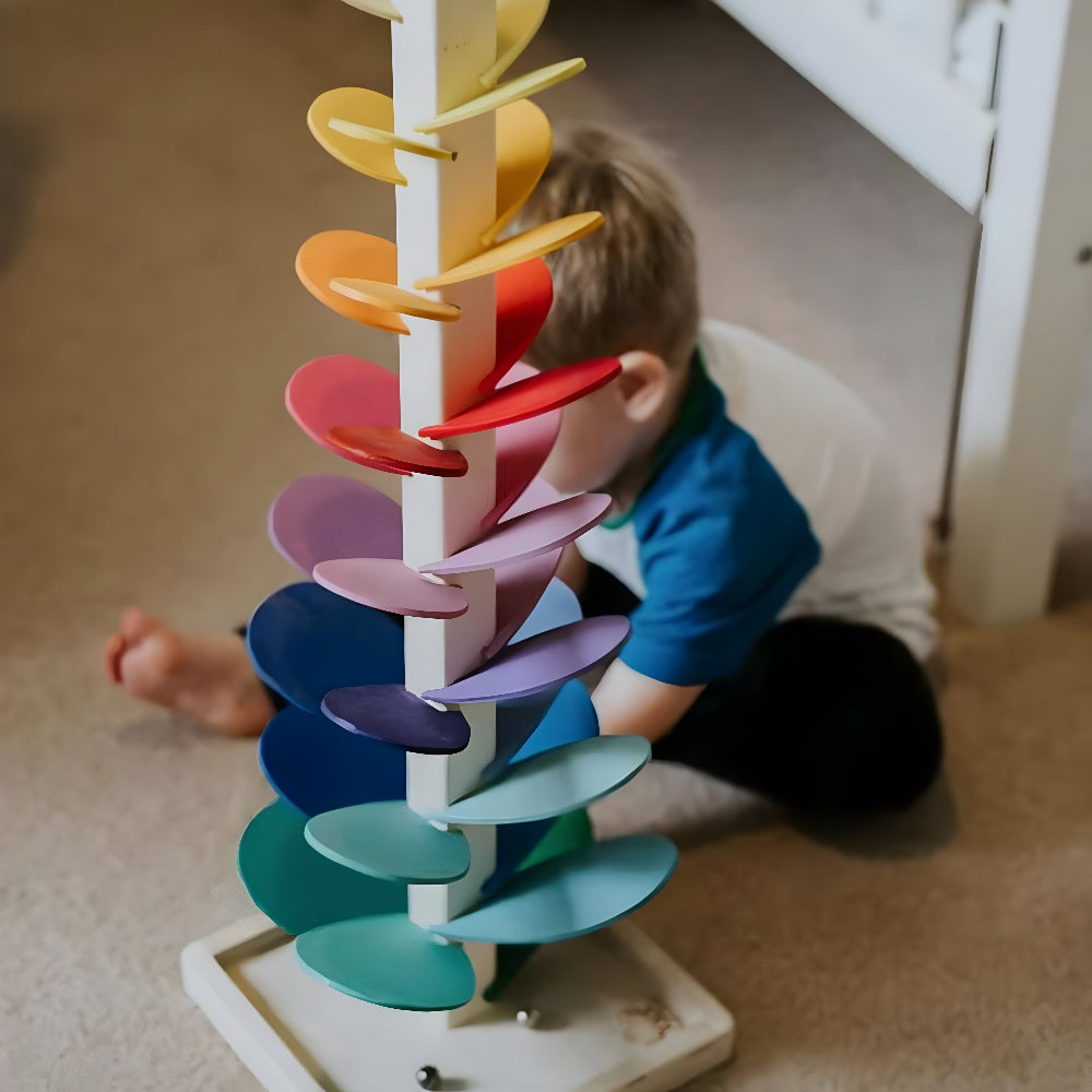 Wooden Marble Run Toy Montessori Rainbow Ball Drop Tower