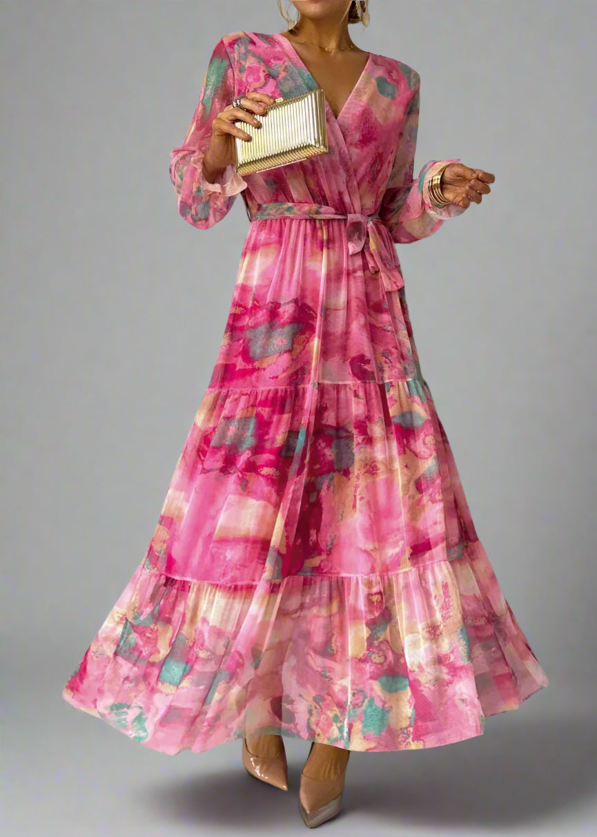 Women’s Floral Long Sleeve Chiffon Dress | Pleated Maxi