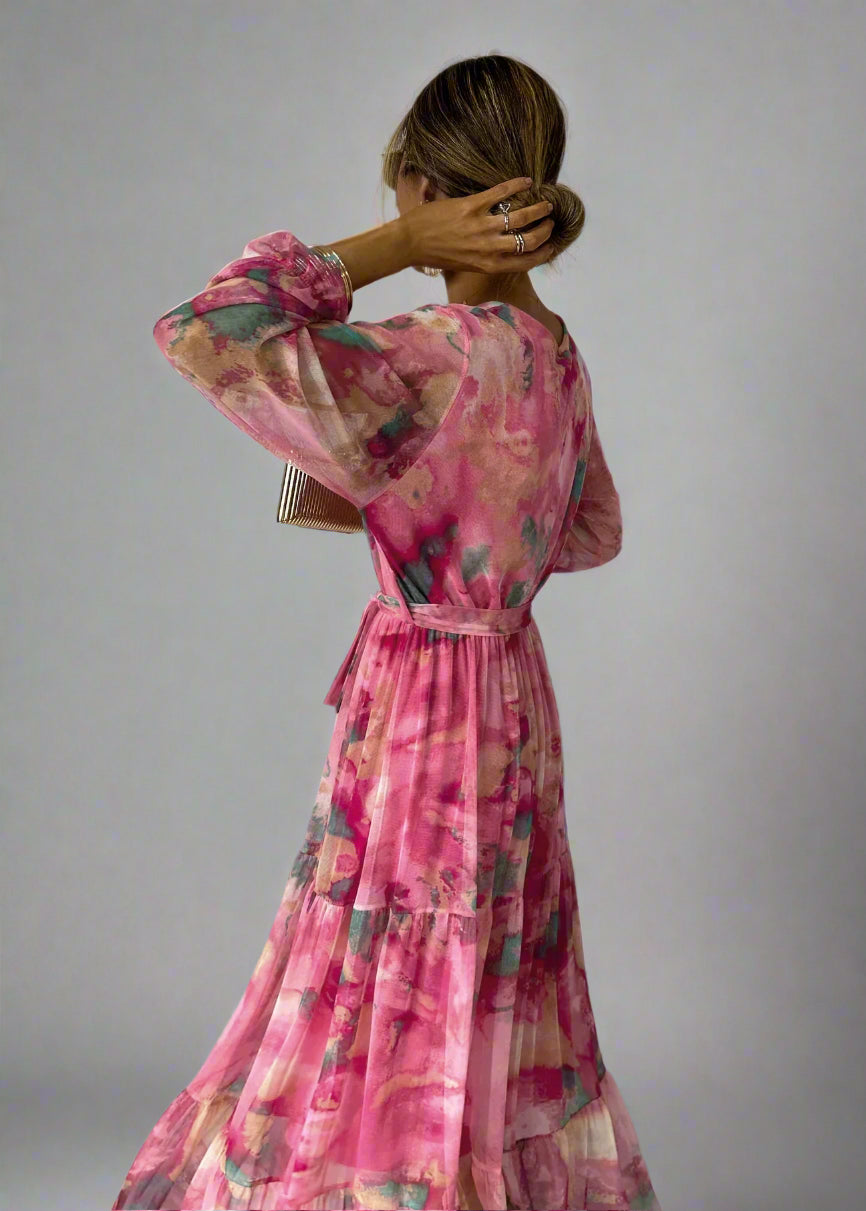 Women’s Floral Long Sleeve Chiffon Dress | Pleated Maxi