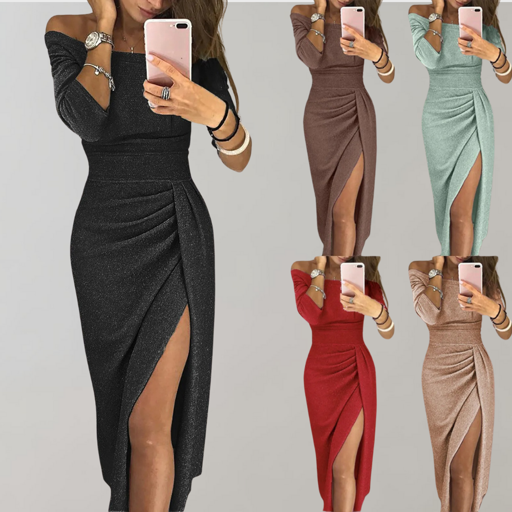 Vrouw in glitterjurk met split, off-shoulder ontwerp, beschikbaar in zwart, bruin, mint, rood en goud. Perfect voor feestelijke gelegenheden.