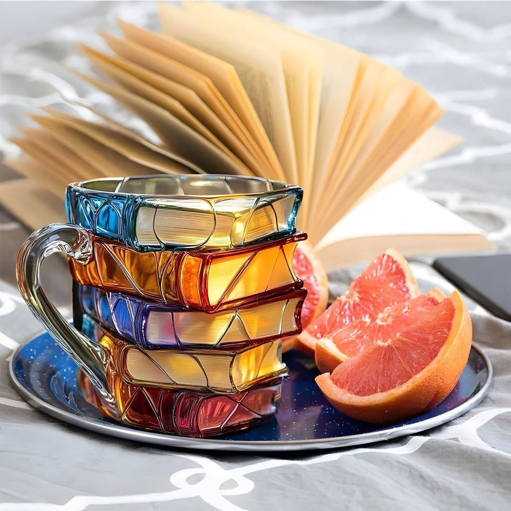 Glass Coffee Mug Colorful 3D Book Stack Design