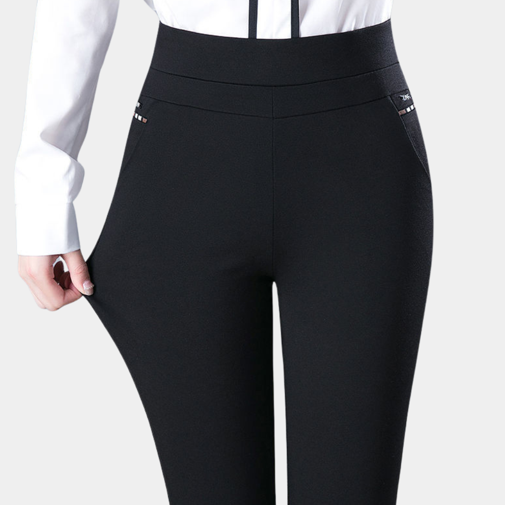 Zwarte stretchbroek met hoge taille voor dames, comfortabele pasvorm, geschikt voor dagelijks gebruik, modieus en veelzijdig, ideaal voor werk of casual.