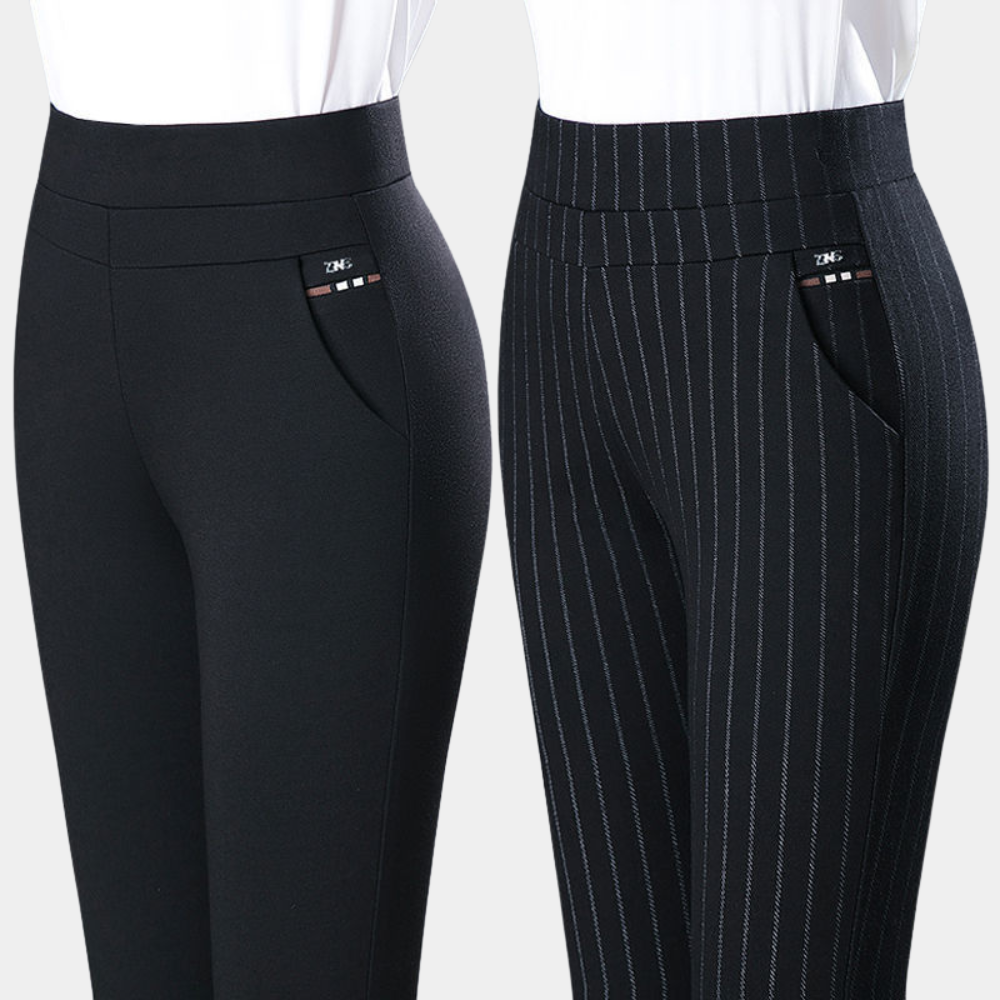 Twee zwarte stretchbroeken met hoge taille, één effen en één met krijtstreep, voor dames. Comfortabele pasvorm, ideaal voor dagelijks gebruik.