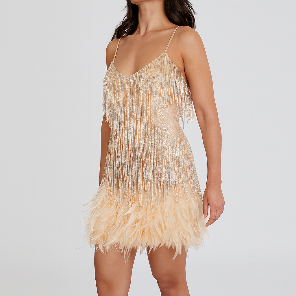 Robe de cocktail à plumes et sequins pour femme | Robe de soirée courte