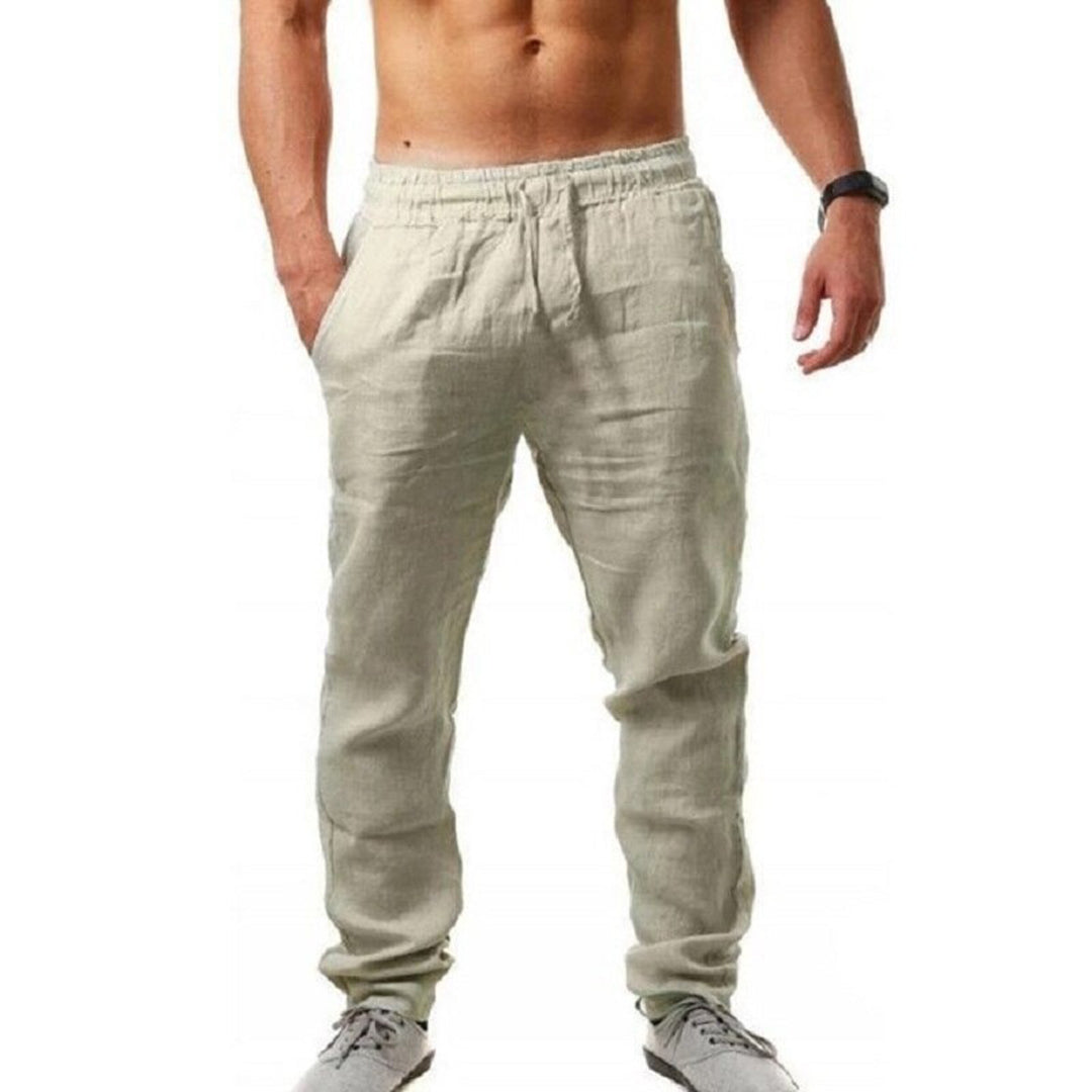 Heren zomerlinnenbroek, beige, elastische tailleband, casual stijl, ademend materiaal, ideaal voor warme dagen, comfortabele pasvorm.