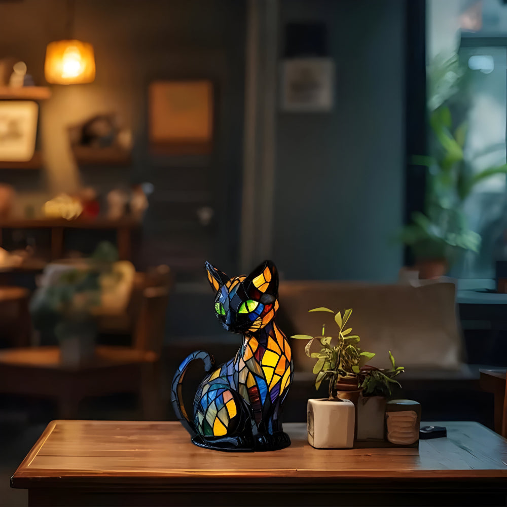 Stained Glass Cat Lamp Warm Ambient Decorative Table Light