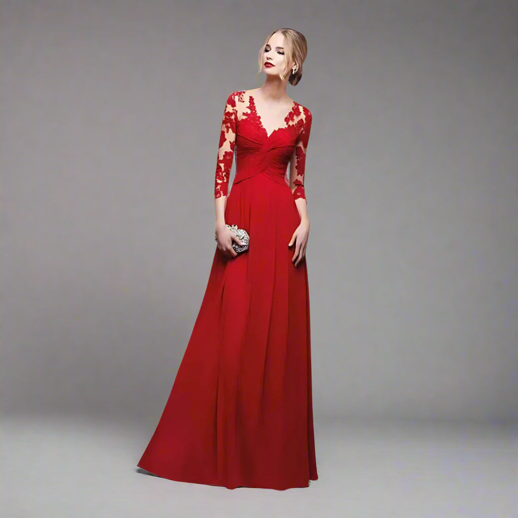 Women’s Elegant Lace Formal Evening Dress | Long Sleeve Maxi