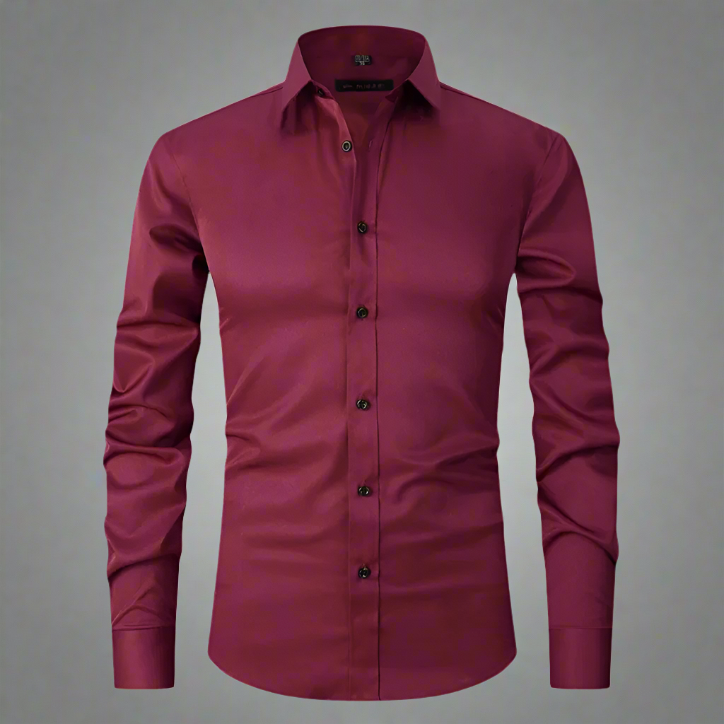 Bordeauxrood stretch overhemd voor heren met lange mouwen, knoopsluiting en klassieke kraag. Perfect voor formele en casual gelegenheden.