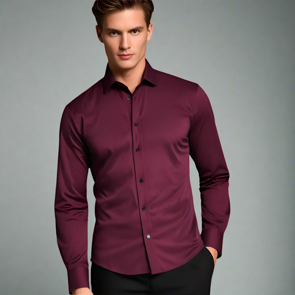 Man in bordeauxrood overhemd, lange mouwen, klassieke kraag, zwarte knopen. Stijlvolle herenkleding, geschikt voor formele en casual gelegenheden.
