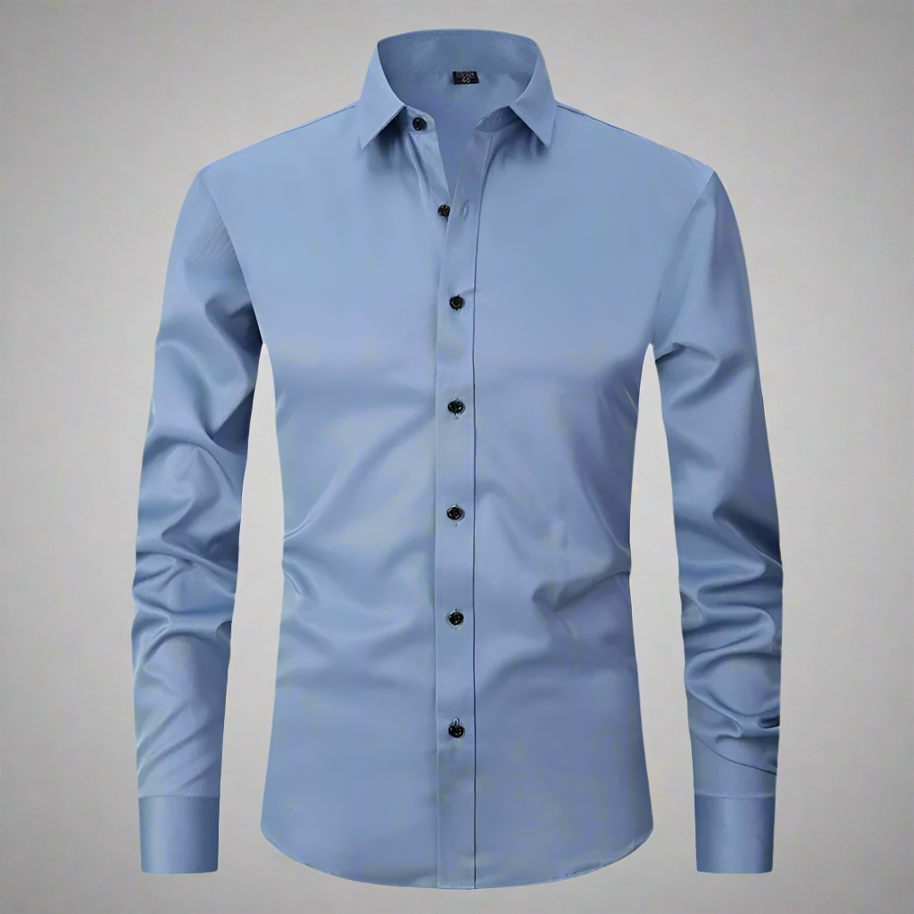 Blauw stretch overhemd voor heren met lange mouwen en zwarte knopen, ideaal voor zakelijke en casual outfits. Comfortabel en stijlvol design.