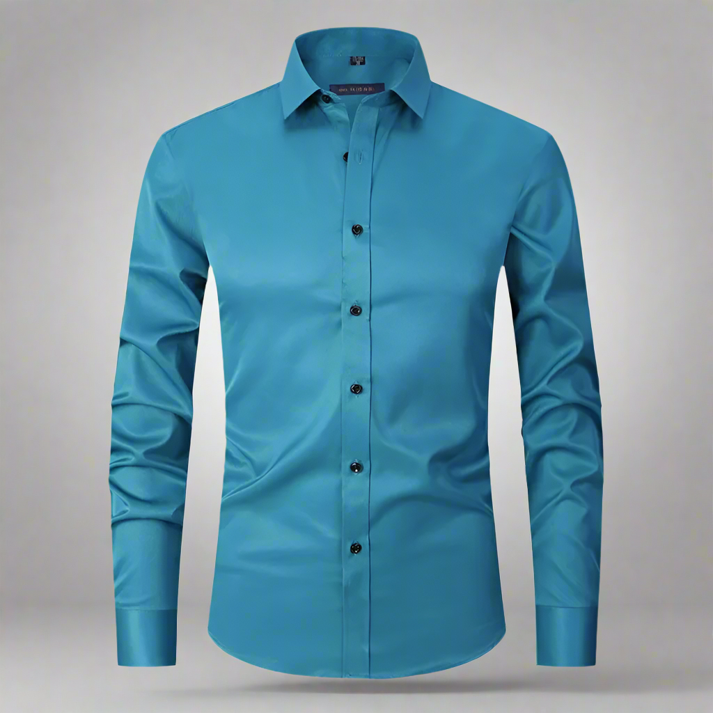 Blauw stretch overhemd voor heren met lange mouwen en knoopsluiting, ideaal voor zakelijke en casual gelegenheden. Comfortabel en stijlvol design.