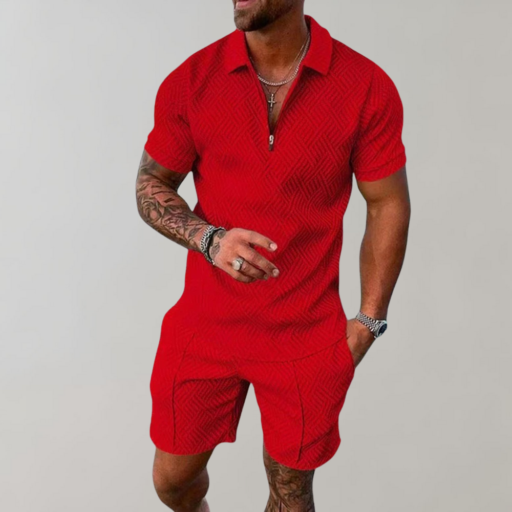 Rood heren zomerset, poloshirt en korte broek, modieus ontwerp, comfortabele pasvorm, casual herenkleding, perfect voor zomerse dagen.