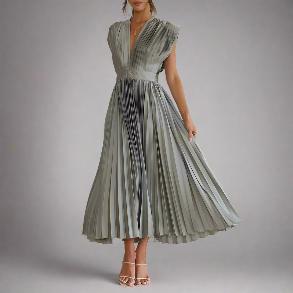 Women's Elegant Pleated Midi Dress | V Neck Sleeveless