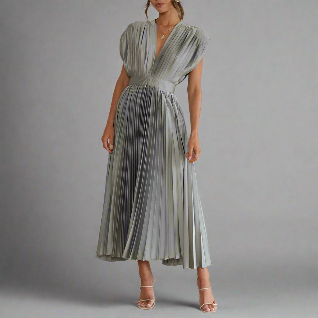 Women's Elegant Pleated Midi Dress | V Neck Sleeveless